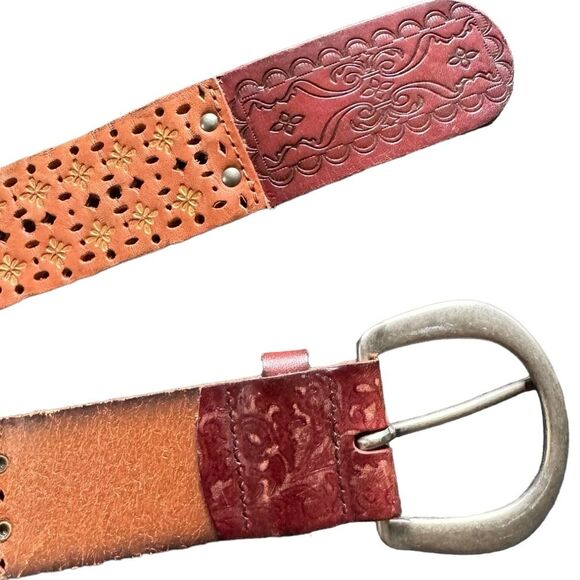 Fossil Patchwork Tooled Leather Belt Boho Hippie Brown main image 4